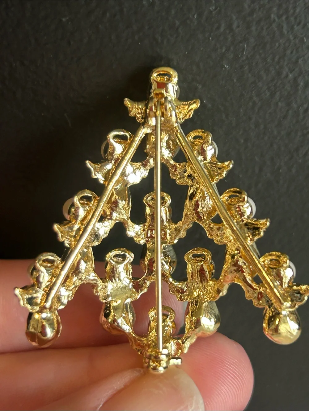 Vintage Nina Ricci NR Angel Christmas Tree Brooch Pearl Rhinestone Holiday